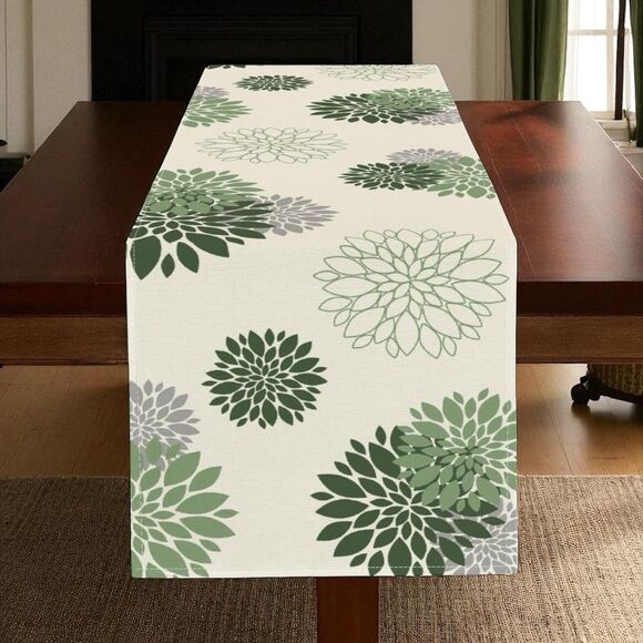 Dahlia Pinnata Flower Table Runner, Sage Green  72"x13" Burlap Modern Farmhouse - Picture 1 of 3